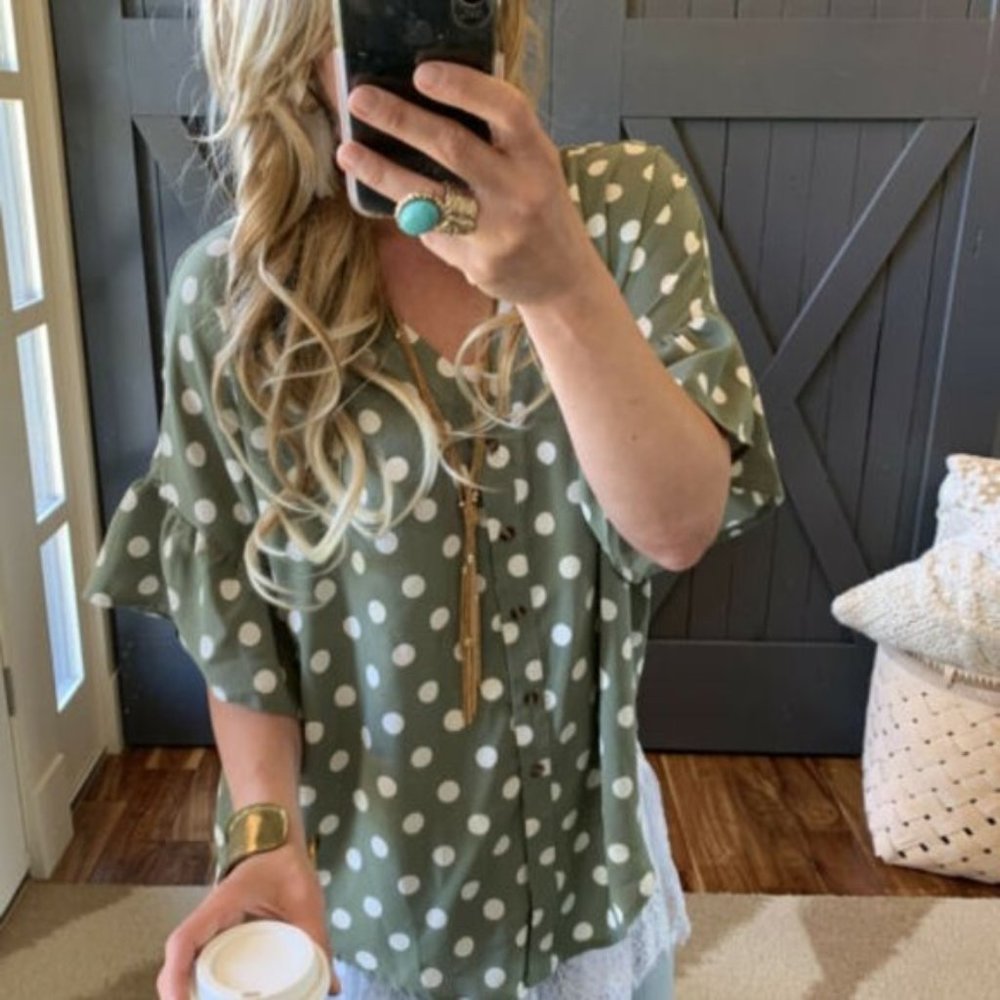 Darling Polka Dot Green Button Front Peasant Top